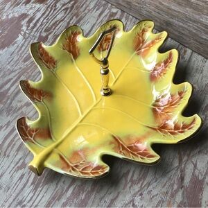 Vintage California Pottery 803 Yellow Leaf With Gold Trim Hors D'Oeuvres Tray